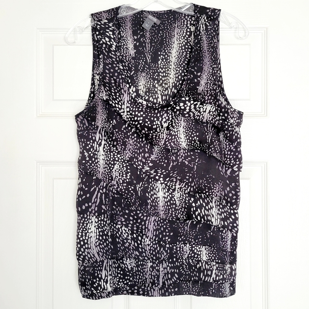 Kenneth Cole Reaction Blouse Satin Ruffled Sleeveless Black White Silver 6